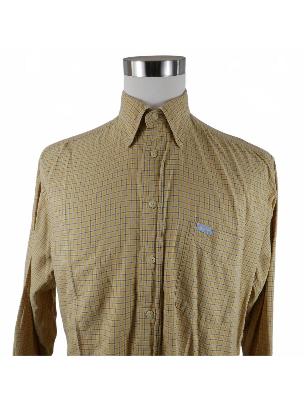 Faconnable Mens Button Up Mustard Checkered Plaid Shirt M Vintage